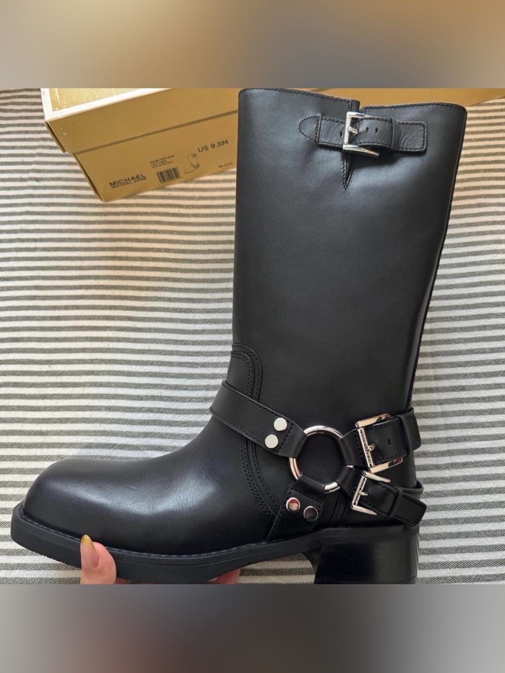Michael Kors Black Leather Buckle Harness Mid-Calf Boot
